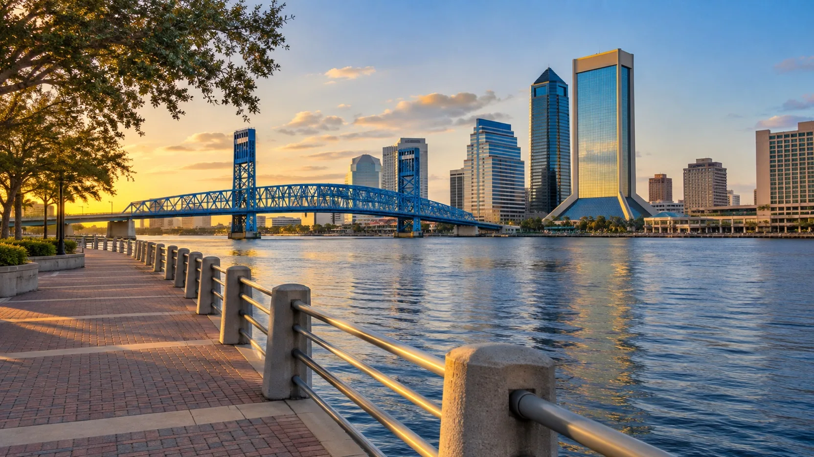 Empty Southbank Riverwalk beside the Main Street Bridge and downtown Jacksonville