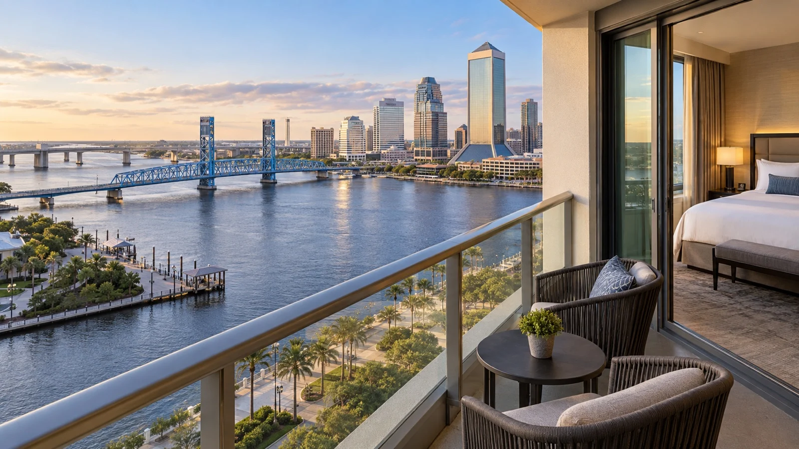 Upscale downtown Jacksonville riverfront hotel overlooking the St. Johns River and bridges