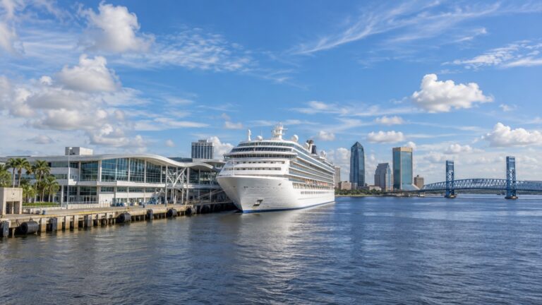 JAXPORT Cruise Terminal in Jacksonville with a white cruise ship docked beside the St. Johns River and broad Florida sky