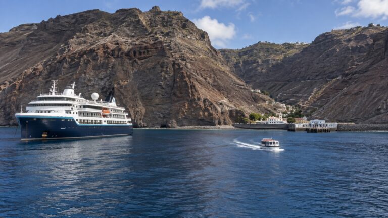 Cruise ship and tender in James Bay off Saint Helena