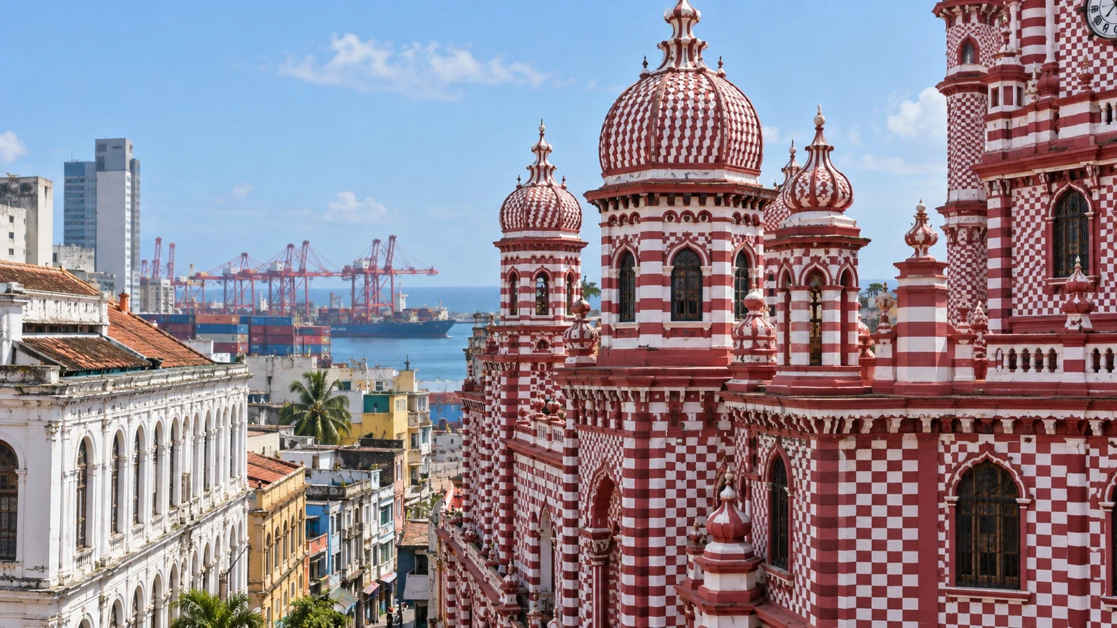 Red-and-white Jami Ul-Alfar Mosque in Colombo Pettah