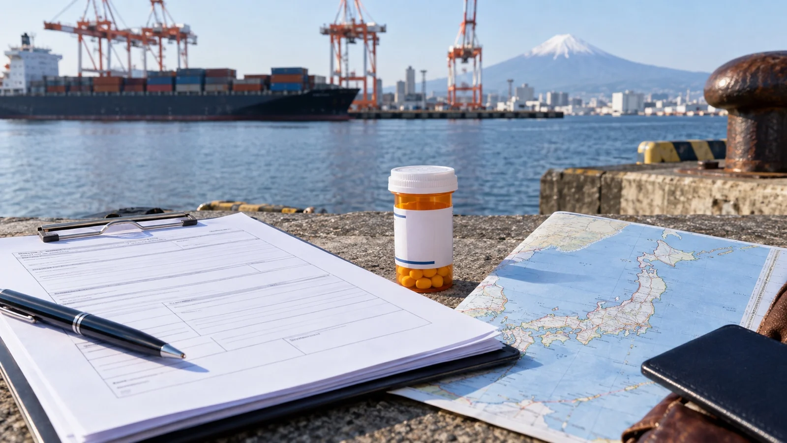 Blank medicine import paperwork beside labeled prescription bottle and Japan port map, no readable text