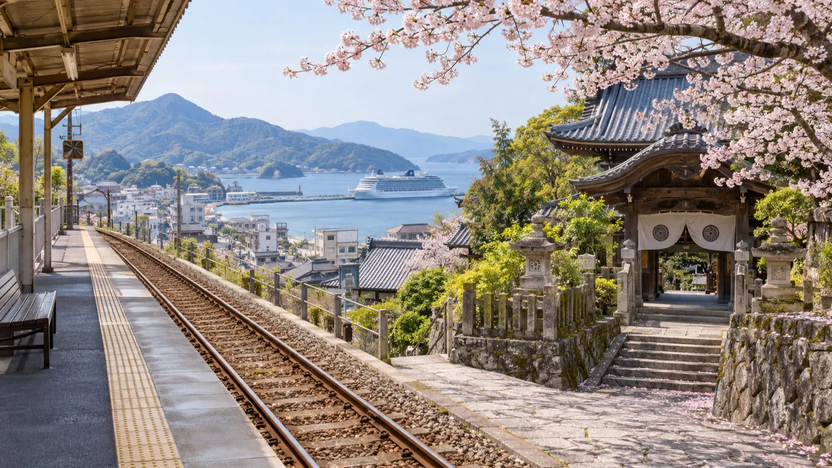 Empty Japanese station and temple route under spring blossoms