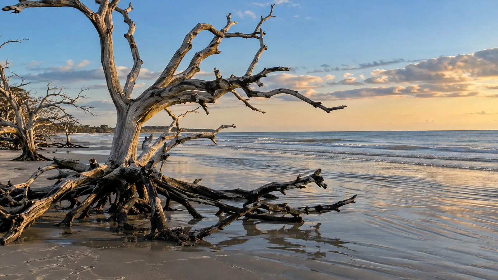 Driftwood Beach Jekyll Island Georgia sculptural weathered driftwood trees on wide Atlantic sand at low tide, no people