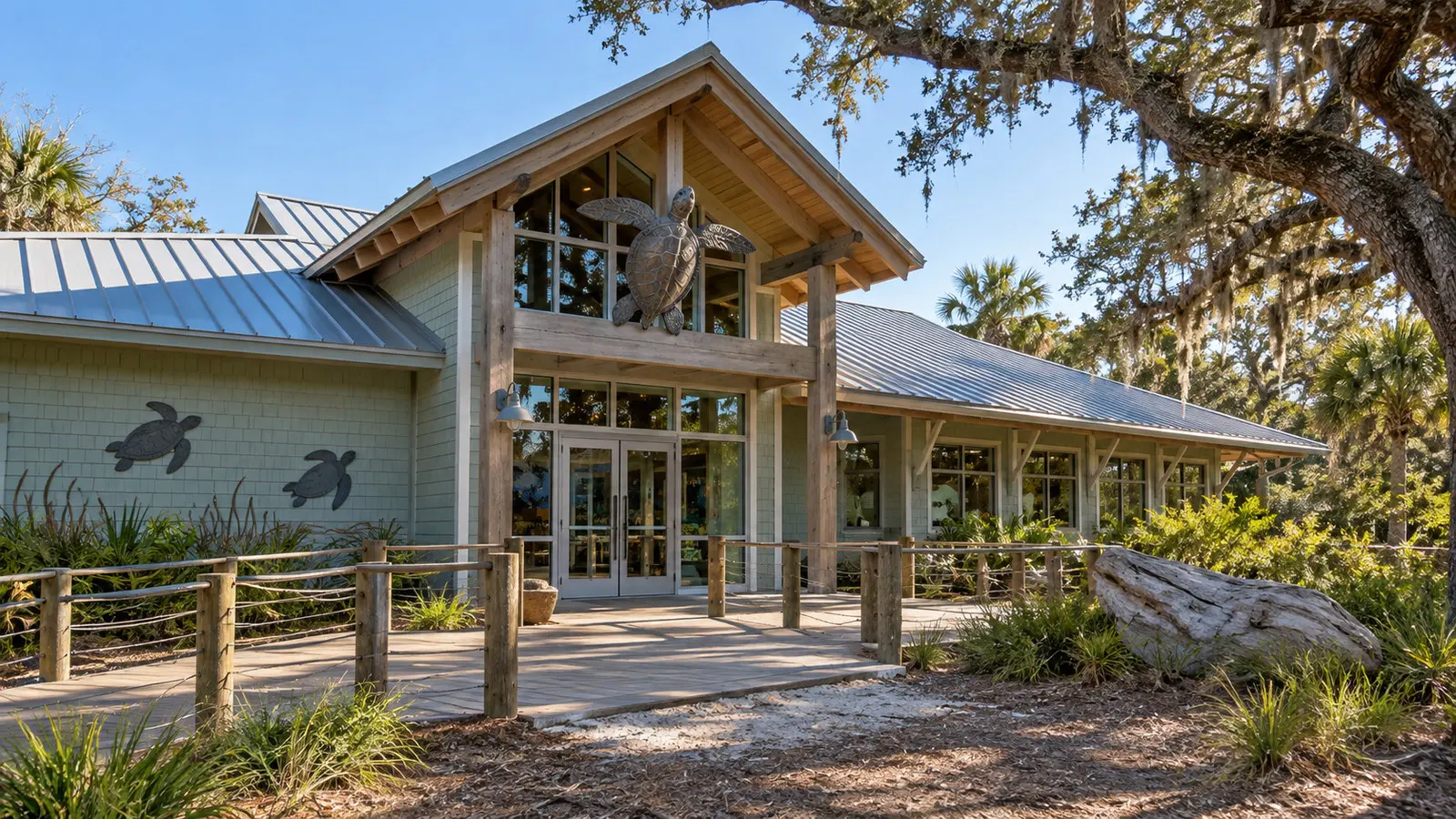 Georgia Sea Turtle Center on Jekyll Island modest conservation center exterior with turtle-themed architectural details, no people or text
