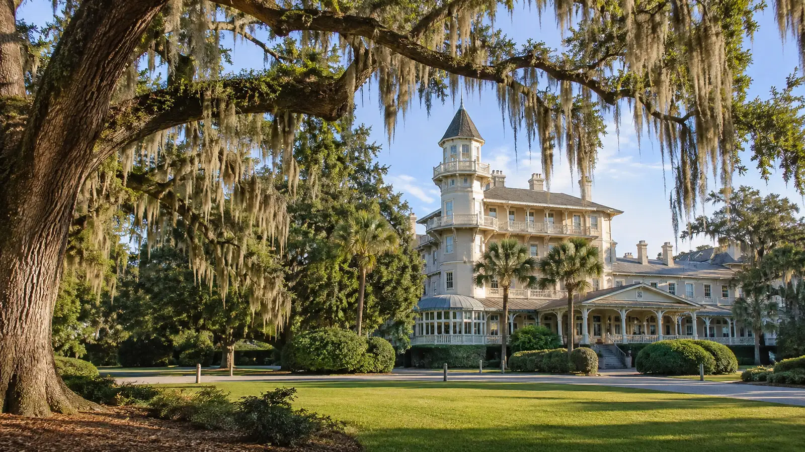 Jekyll Island Club Historic District Georgia grand old clubhouse beneath live oaks draped in Spanish moss, no people