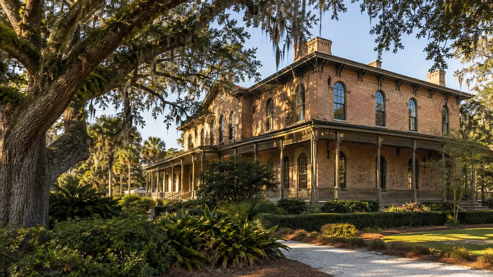 Mosaic Jekyll Island Museum exterior with historic brick building and oak trees, no people or readable signs