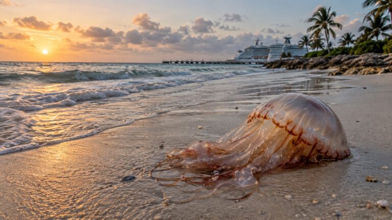 Jellyfish washed onto empty tropical beach near cruise port