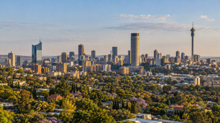 Johannesburg South Africa city skyline from elevated viewpoint with modern towers and leafy suburbs, no people