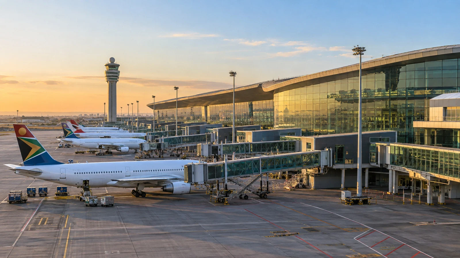 O R Tambo International Airport Johannesburg terminal exterior with aircraft gates and modern facade, no people or readable signs