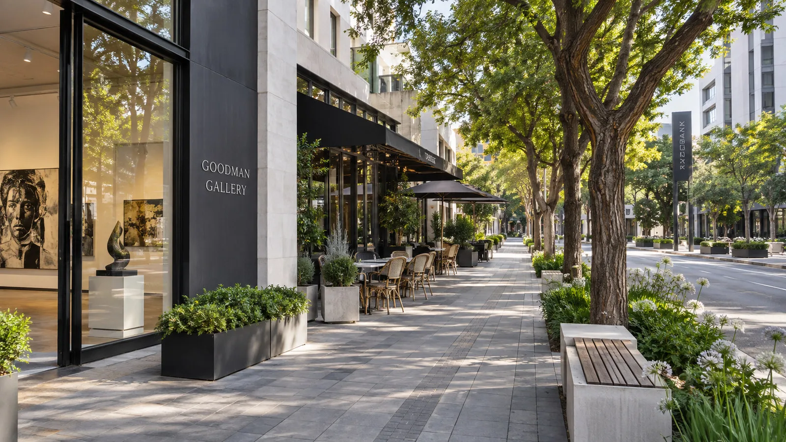 Rosebank Johannesburg walkable streets with contemporary galleries, trees and outdoor cafe facades, no people