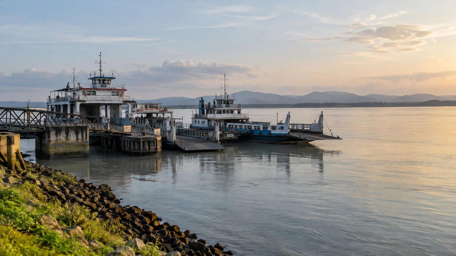 Ferry boats beside the Brahmaputra at Neamati