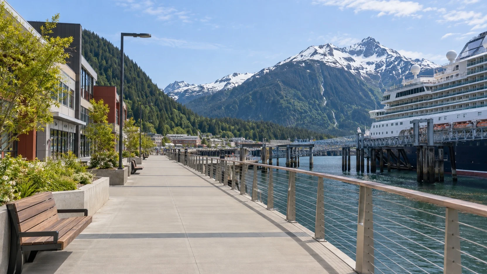 Level waterfront promenade beside Juneau cruise piers