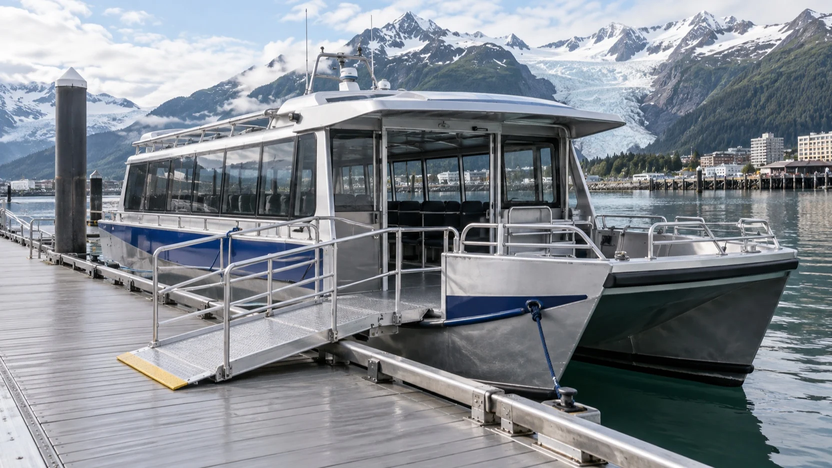 Whale watching boat with level dock boarding near Juneau