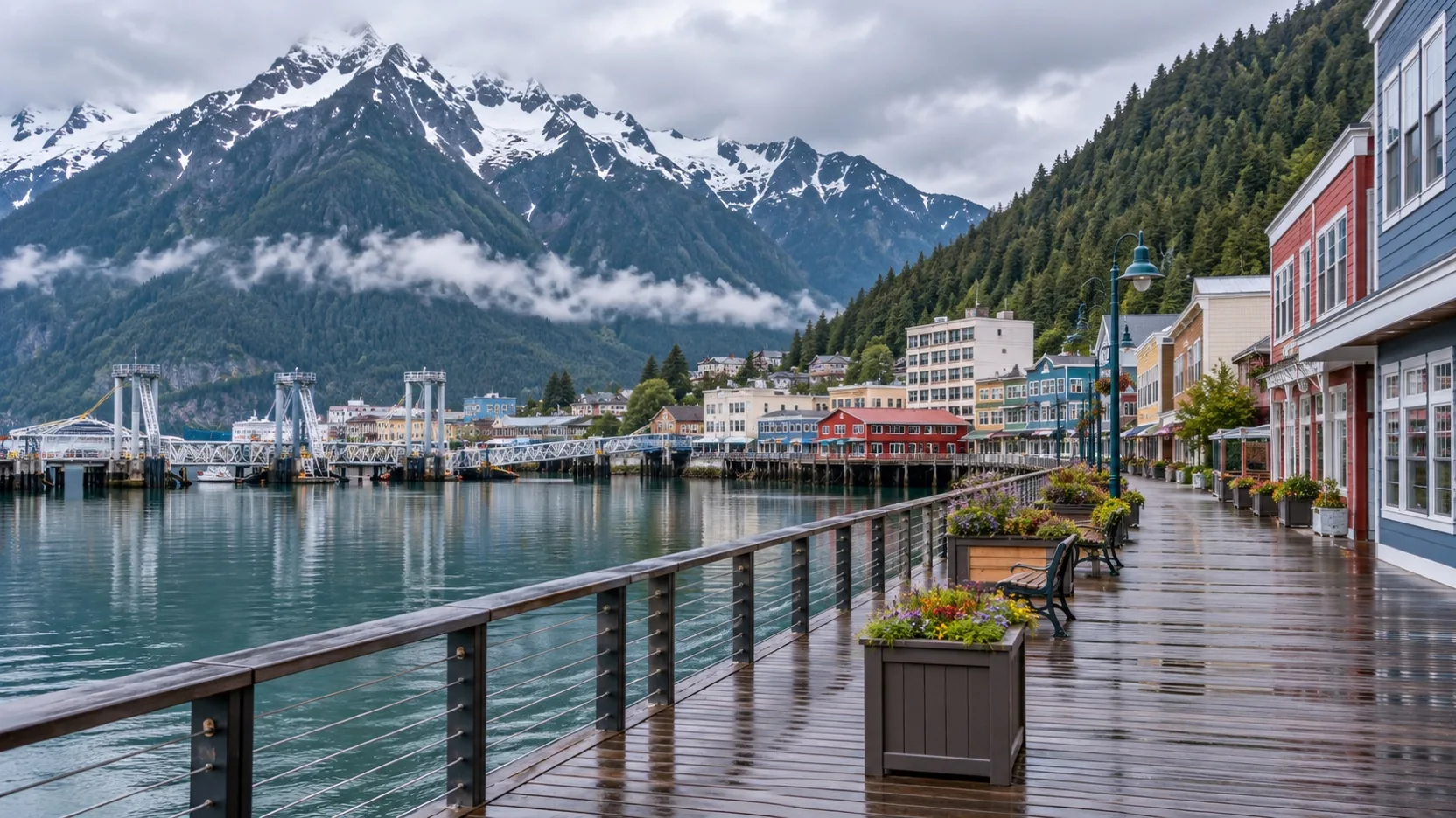 Empty Juneau waterfront walkway with downtown buildings and coastal mountains