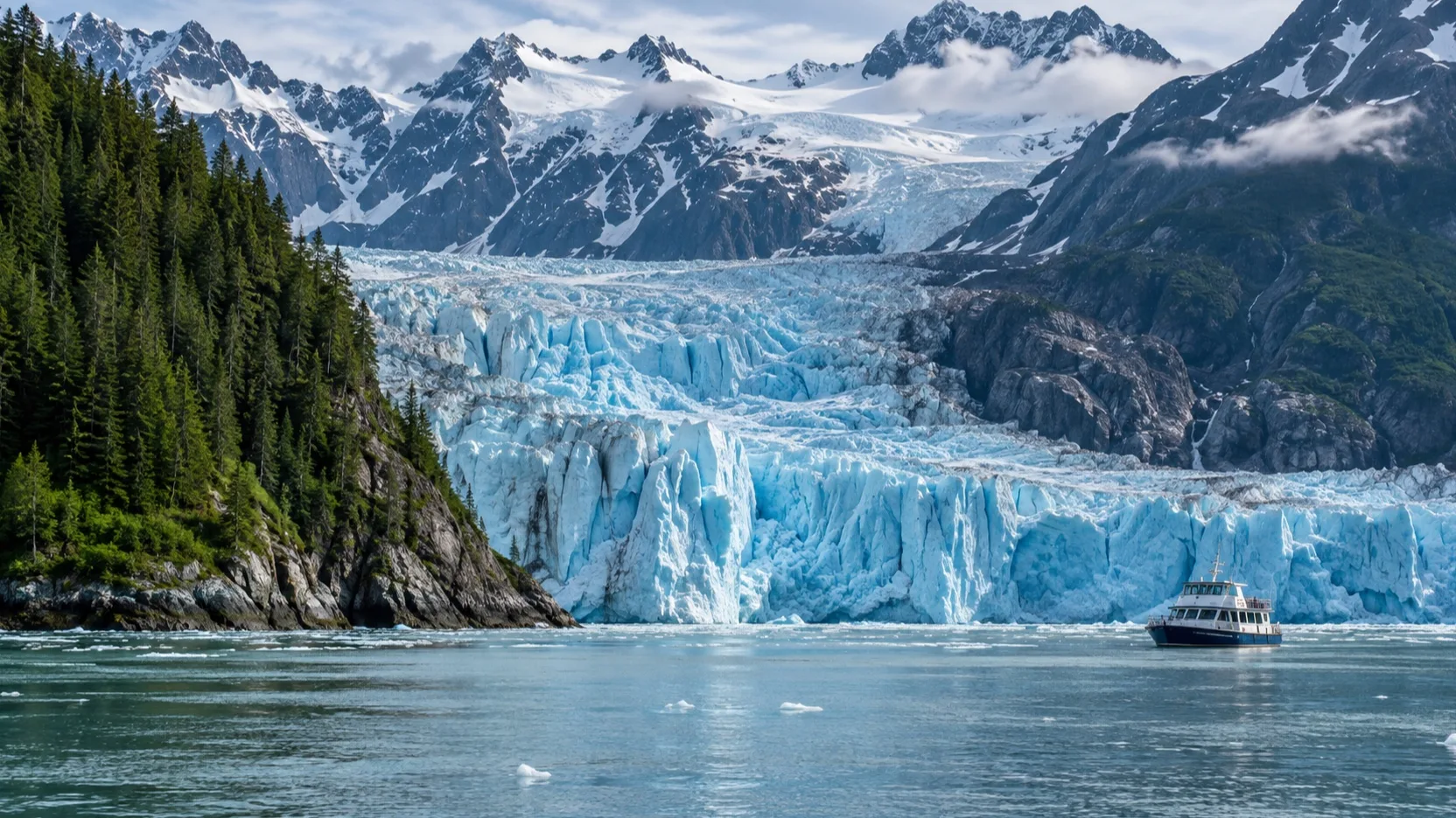 Glacier and small sightseeing boat in an Alaska fjord near Juneau