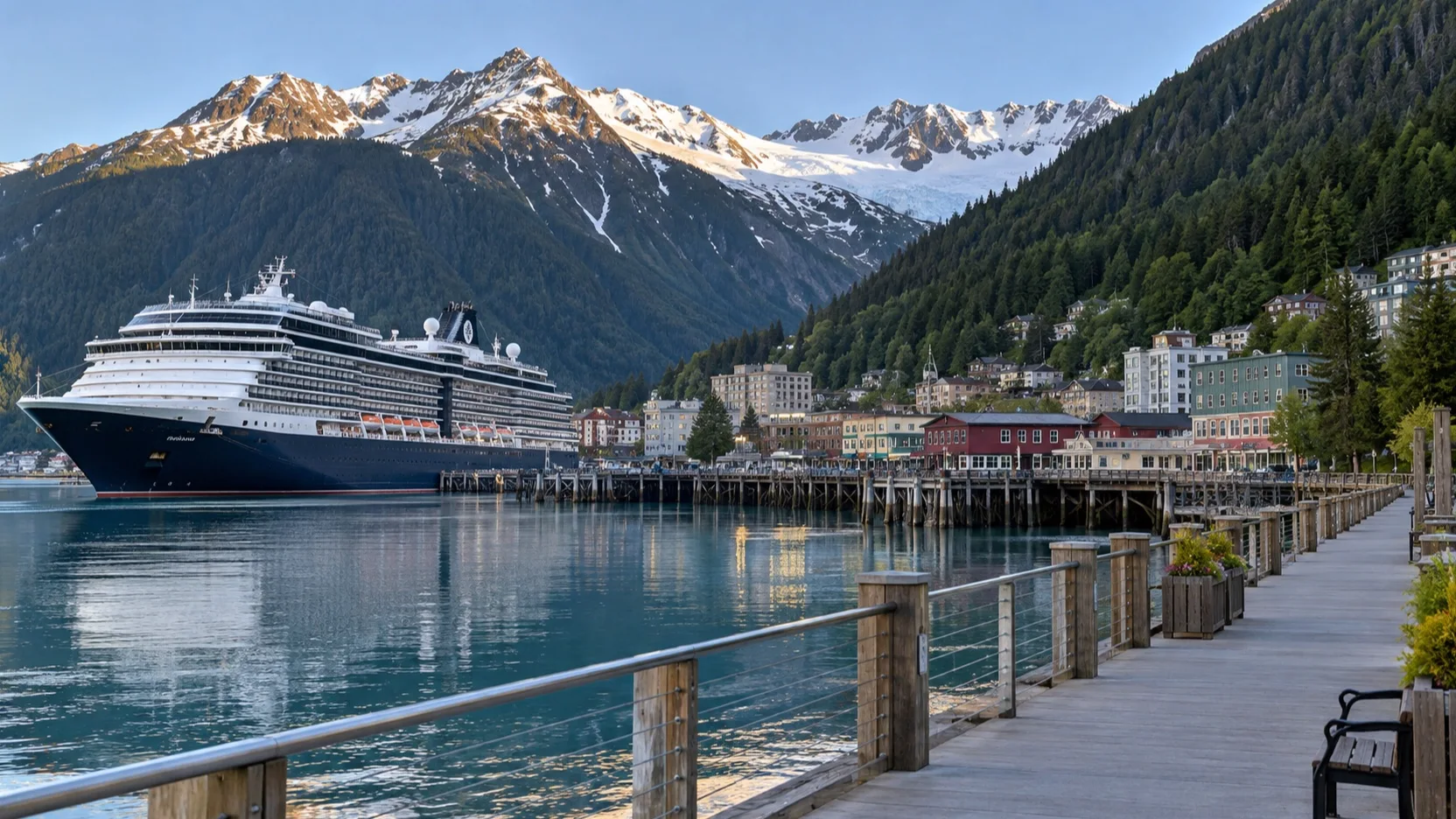 Juneau cruise ship beside a walkable waterfront and mountain town