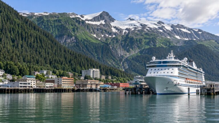 Cruise ship at the downtown Juneau waterfront beneath green mountains