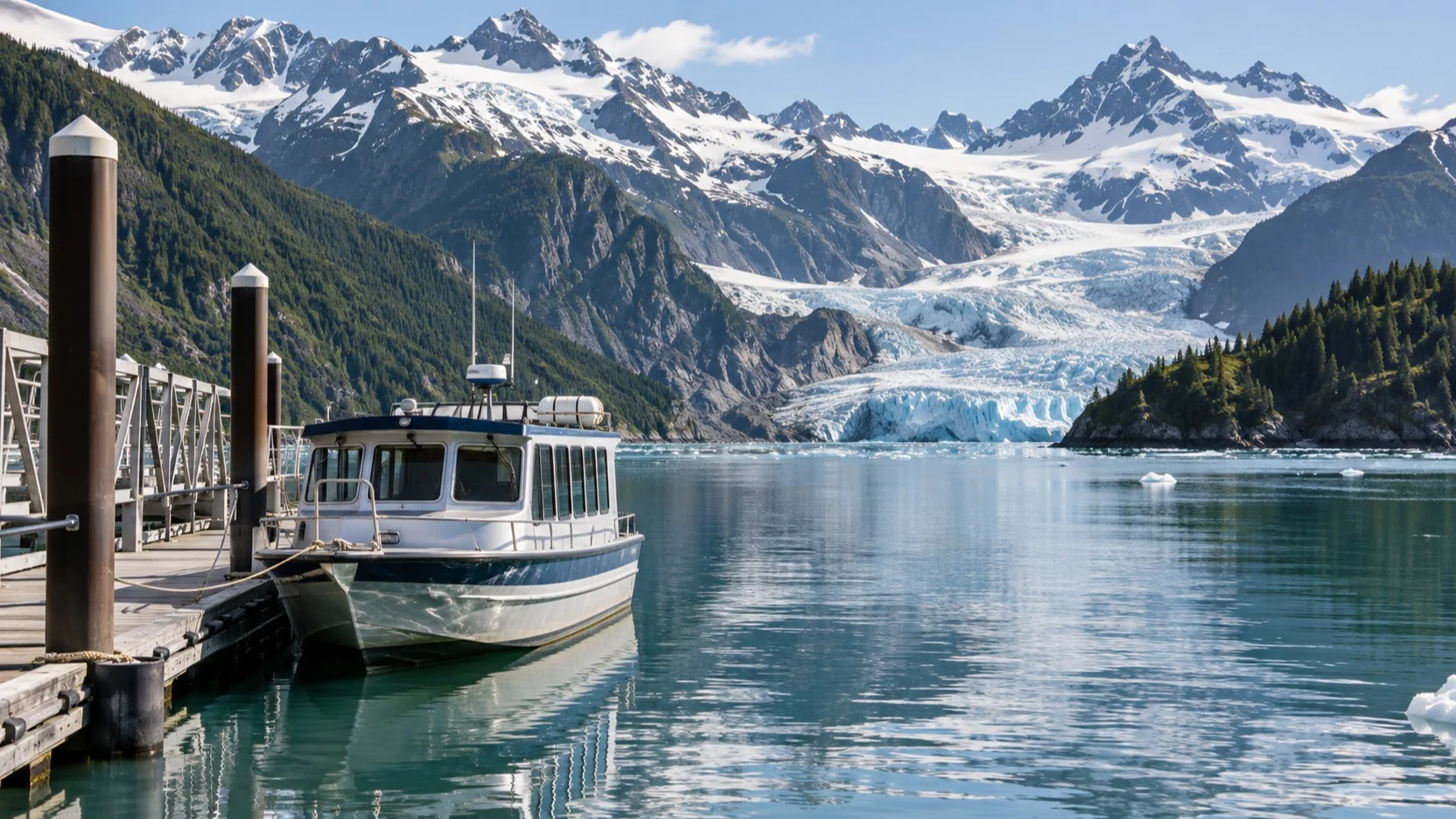 Empty small Alaska excursion boat docked with glacier beyond