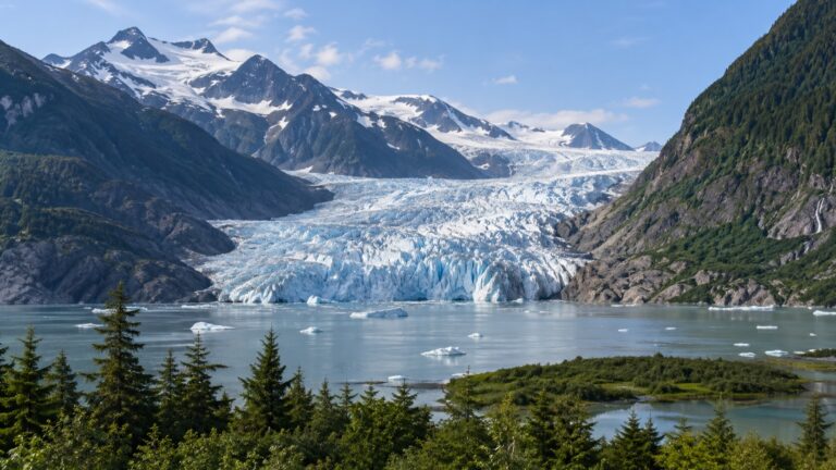 Blue-white Mendenhall Glacier descending toward a lake near Juneau