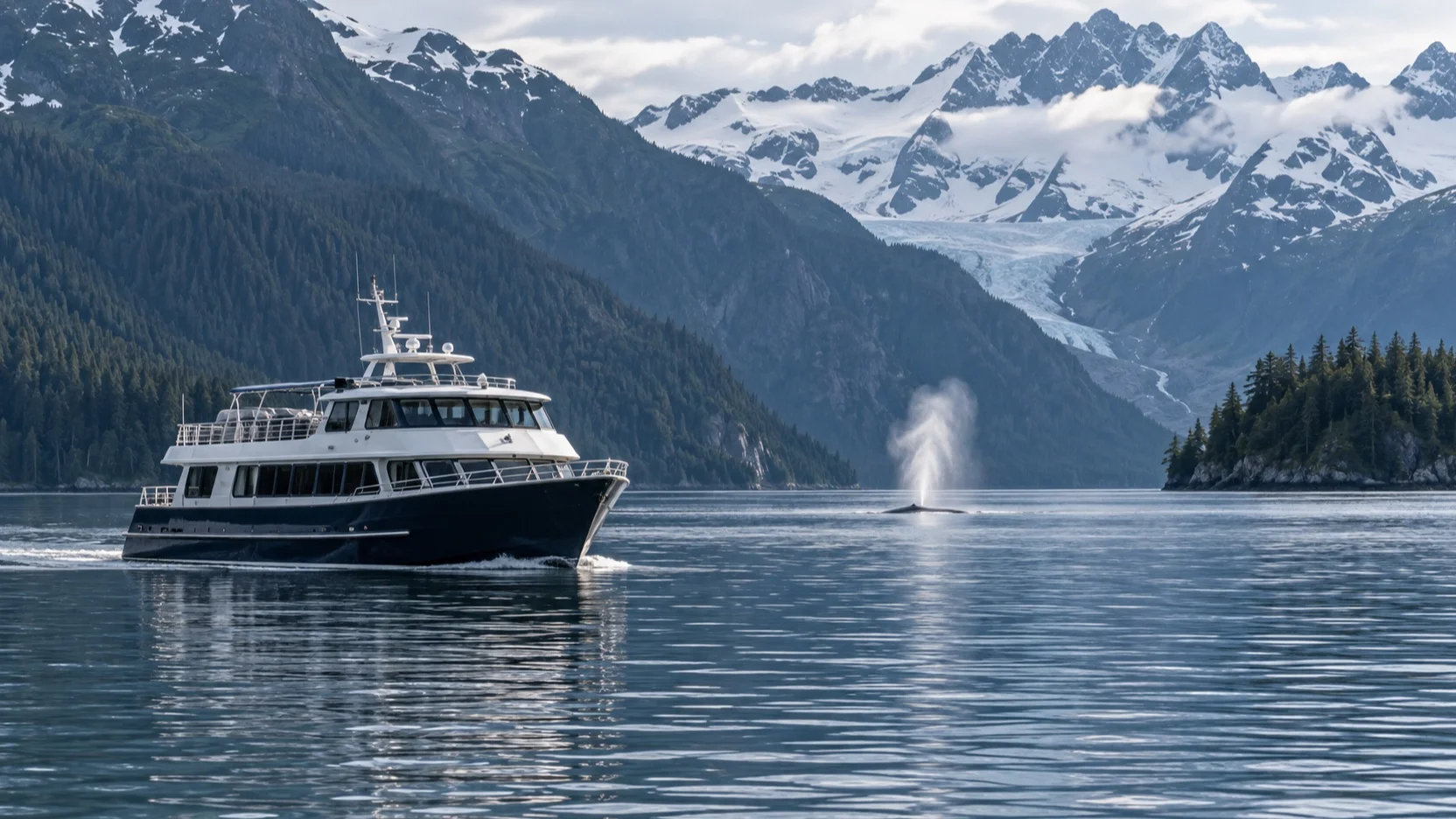 Whale watching boat and distant whale spout near Juneau
