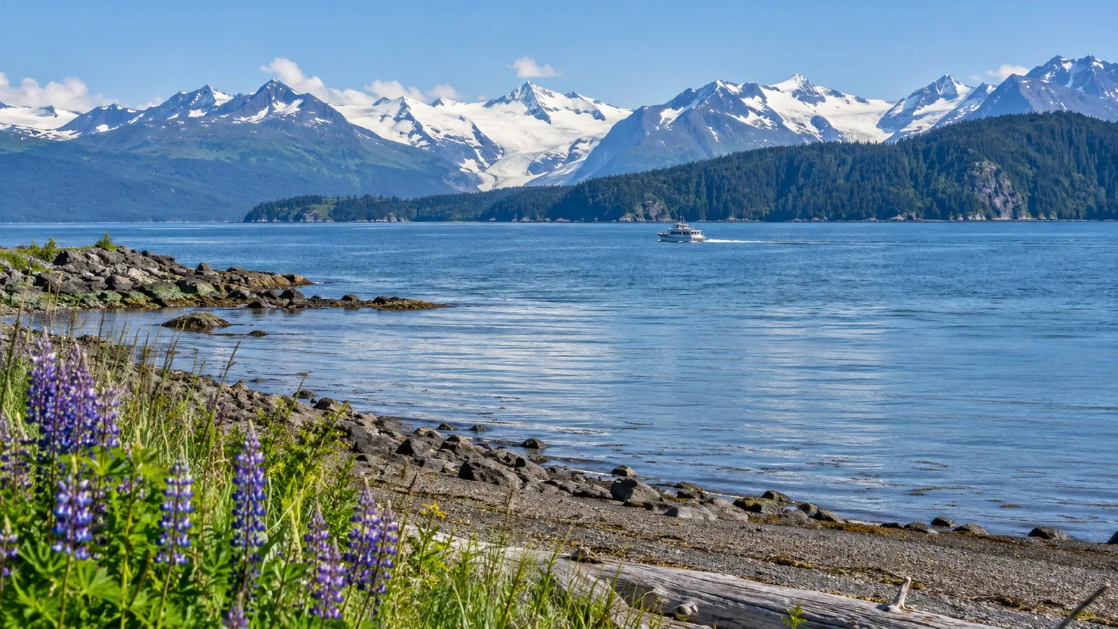 Kachemak Bay and glacier-capped mountains viewed from Homer