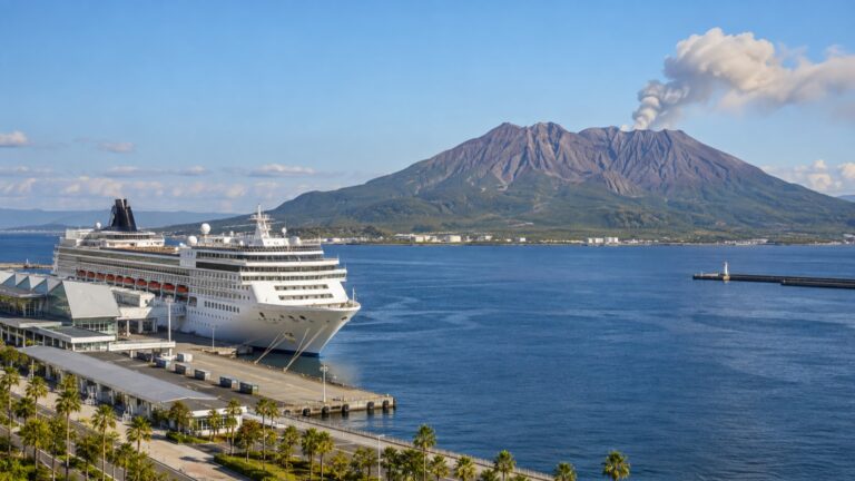 Cruise ship at Kagoshima harbor across from Sakurajima volcano