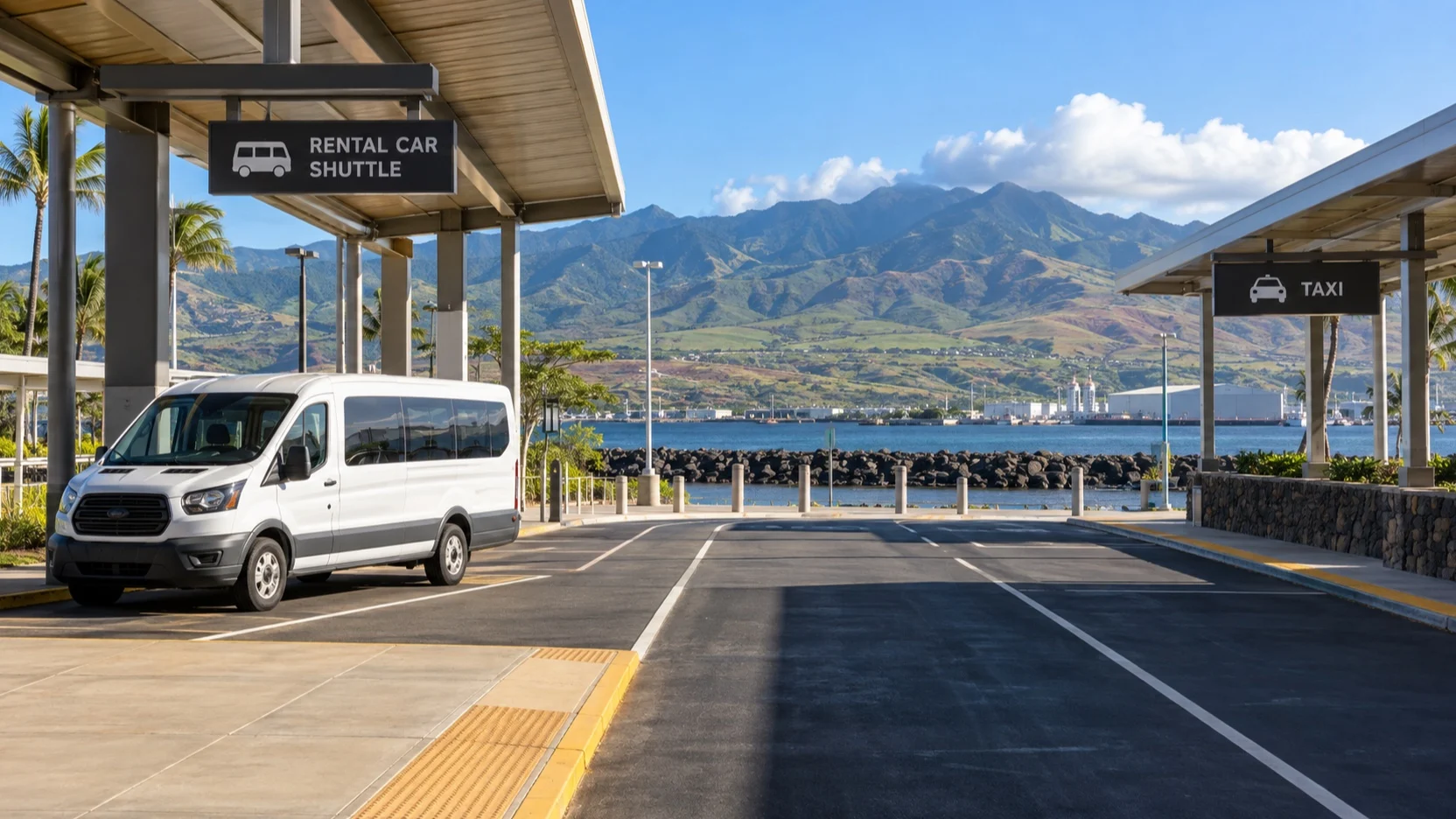 Empty rental car shuttle and taxi pickup area near Kahului Harbor