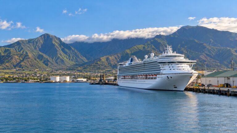 Cruise ship docked in Kahului Harbor with Maui mountains beyond
