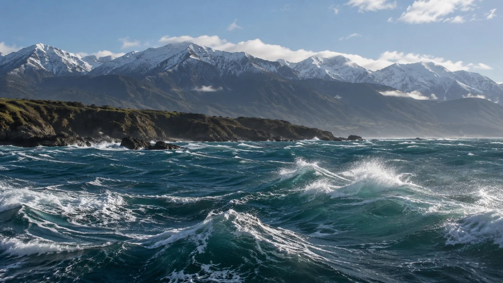 Rough swell off the mountainous coast of Kaikōura, New Zealand