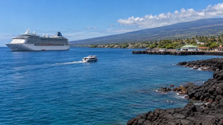 Tender boat traveling from an offshore cruise ship toward Kailua-Kona pier