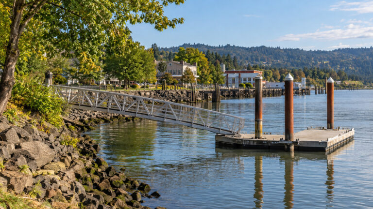 Floating river cruise mooring and waterfront at Kalama, Washington