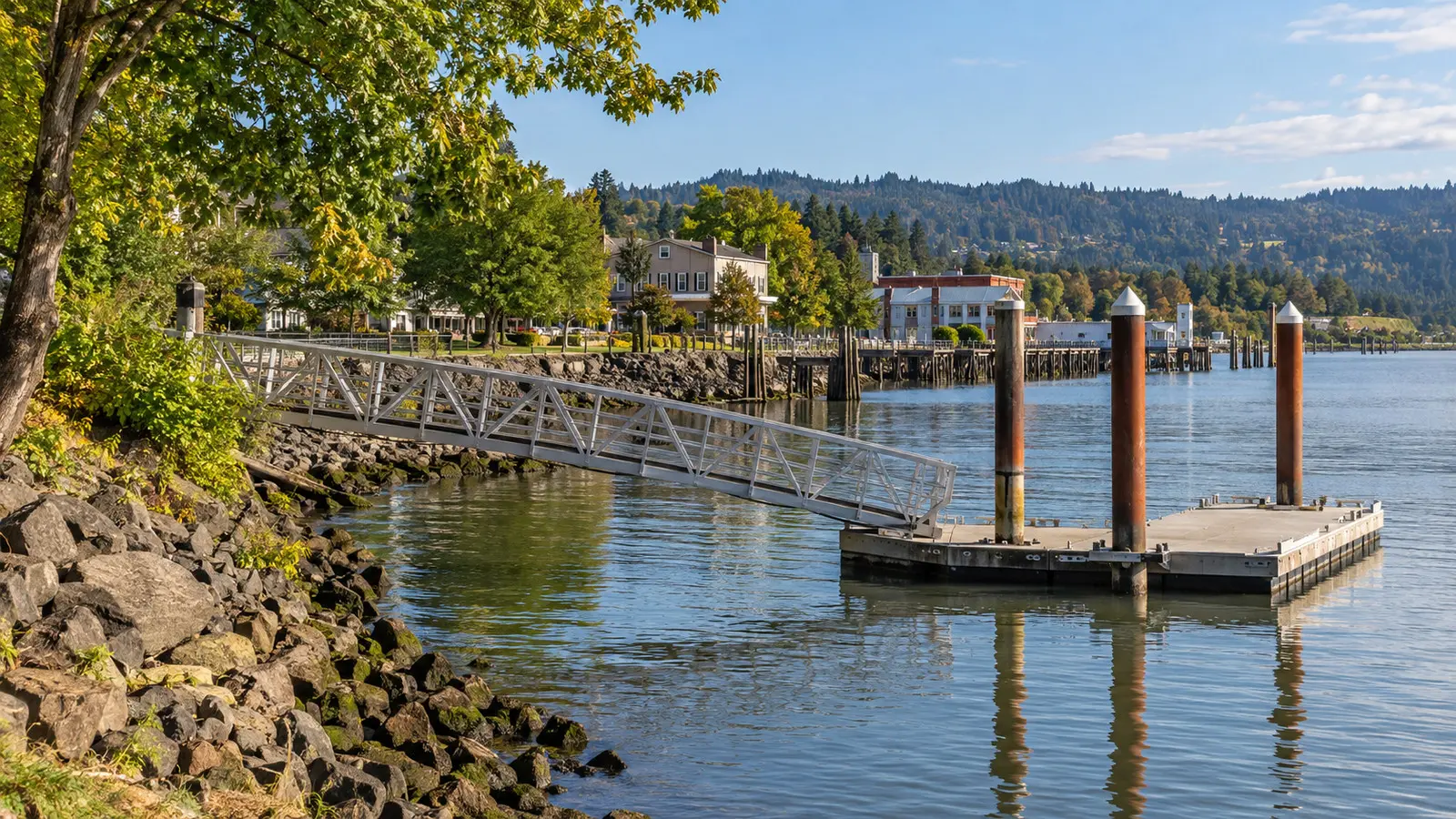 Floating river cruise mooring and waterfront at Kalama, Washington