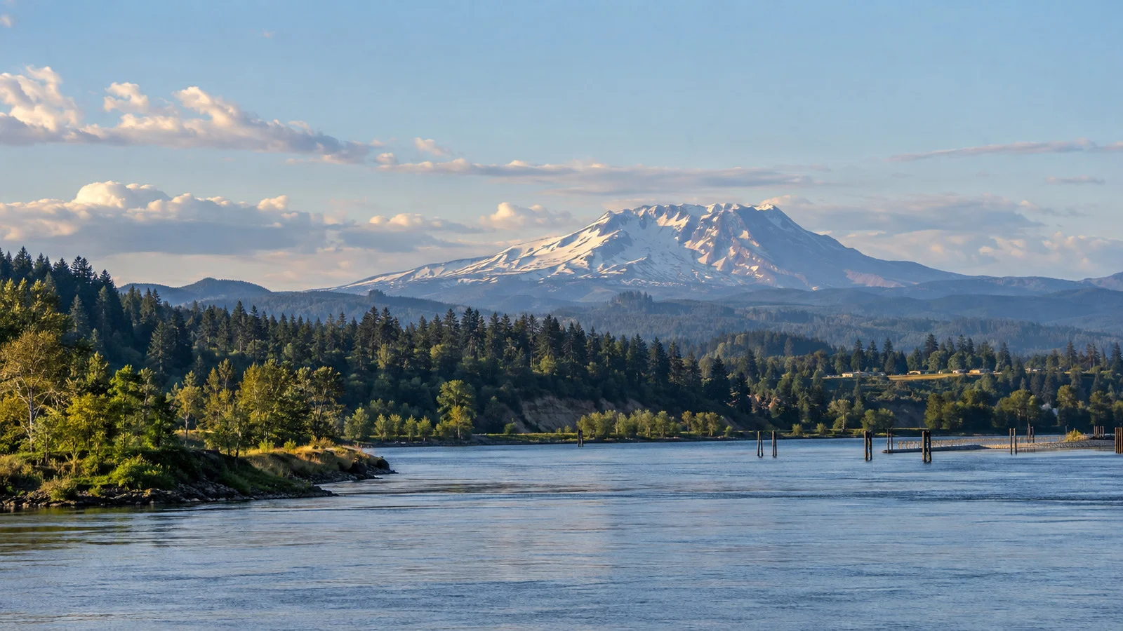Mount St. Helens rising beyond the Columbia River near Kalama