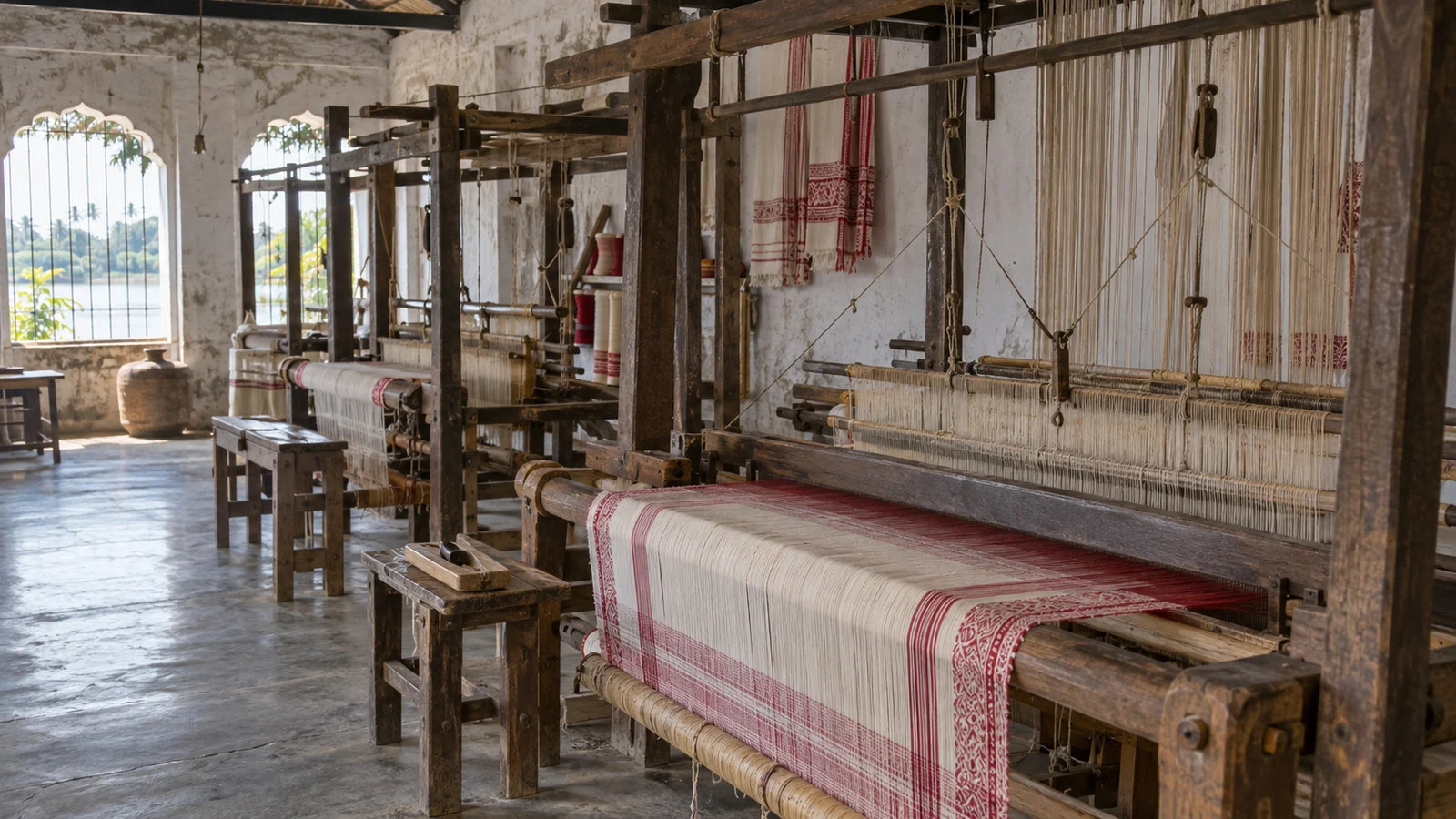 Textile looms in a Kalna workshop without people