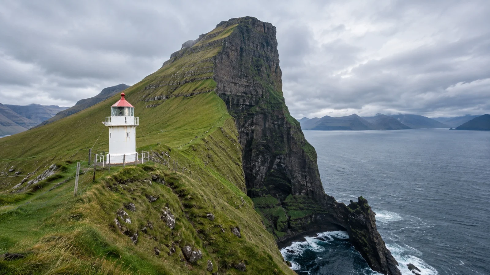 Kallur lighthouse on Kalsoy above Faroe Islands sea cliffs