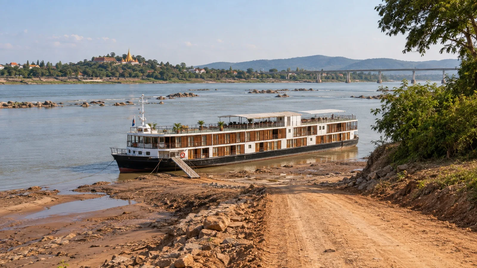 Mekong river ship at rural Cambodian landing