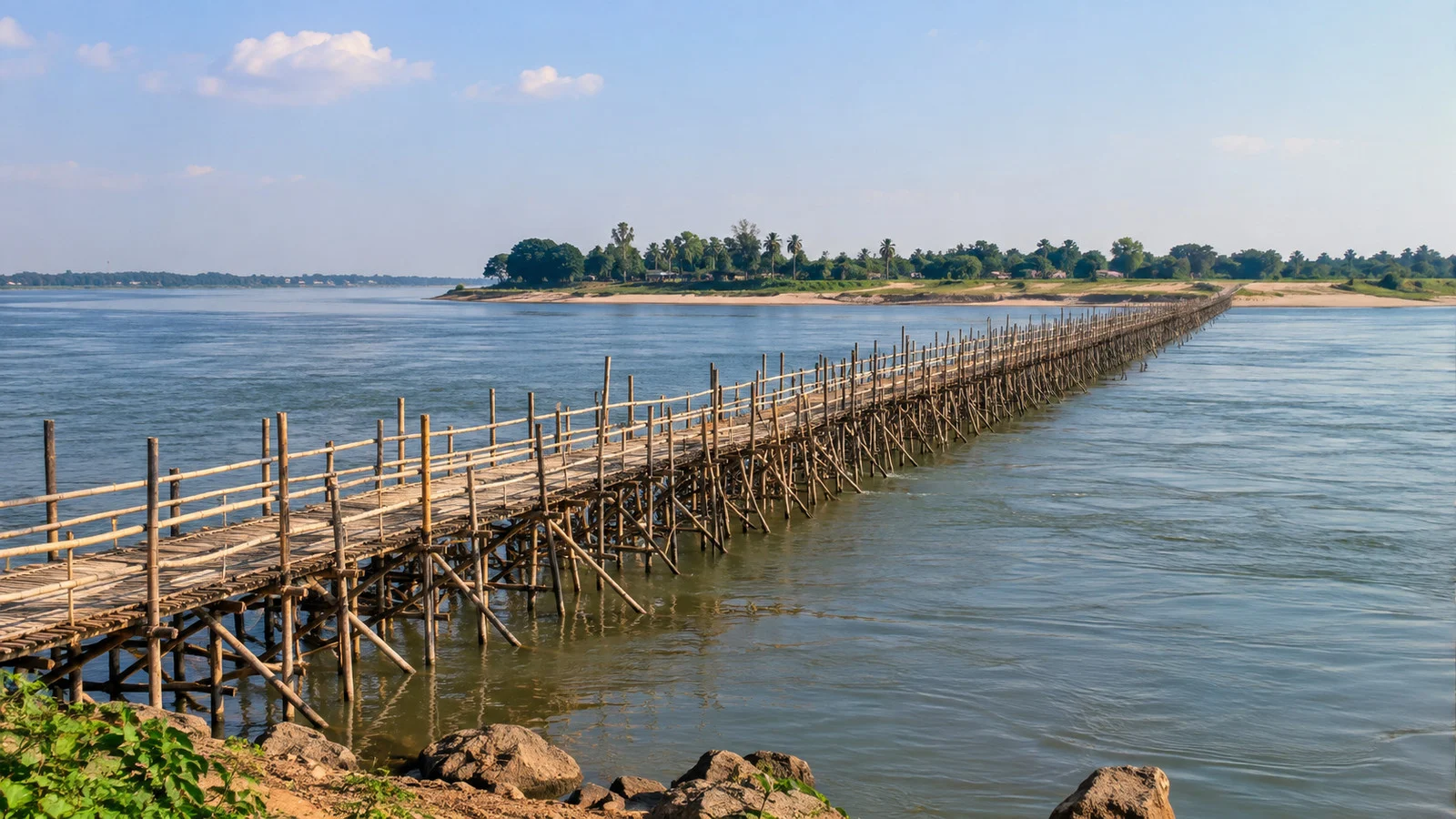 Koh Pen bamboo bridge across the Mekong