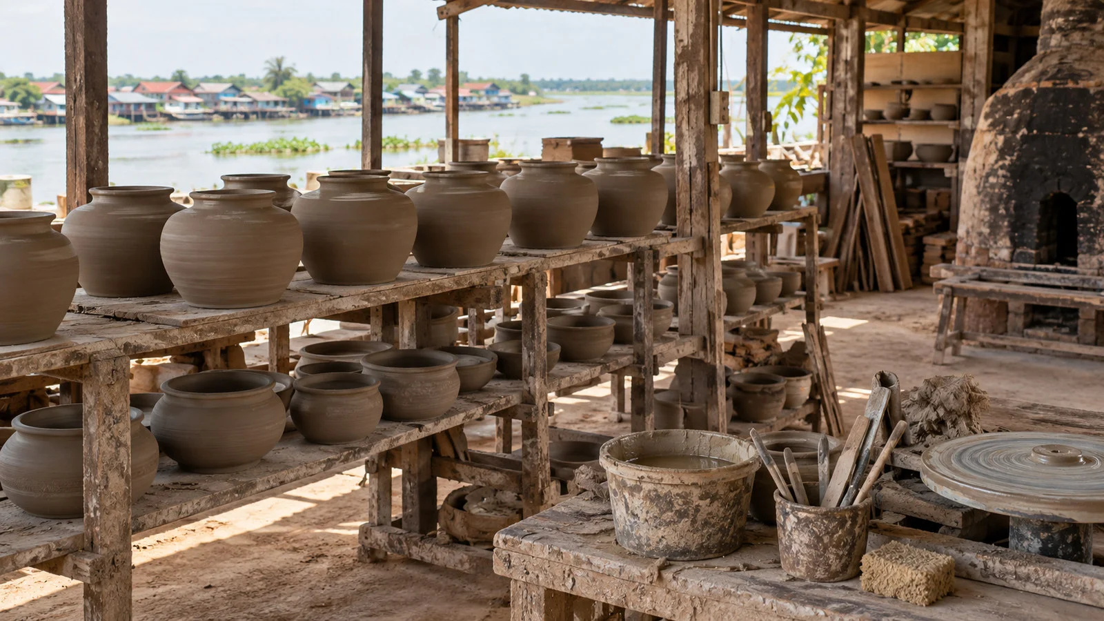 Freshly shaped clay pots drying in an empty Kampong Chhnang pottery workshop with wooden shelves and tools, no people