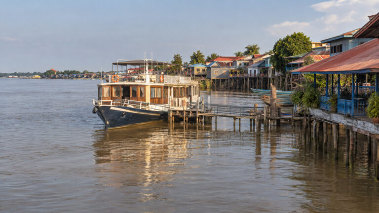 Small river cruise vessel at Kampong Chhnang Cambodia Tonle Sap river landing with stilt houses, no people