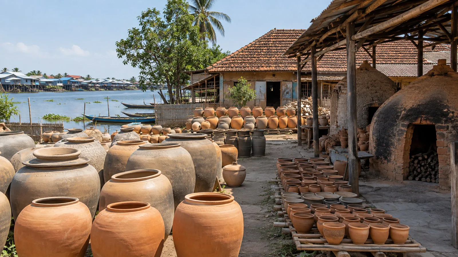 Traditional Cambodian pottery village near Kampong Chhnang with earthenware jars and kilns outside simple houses, no people