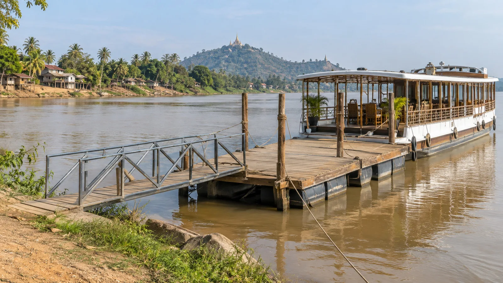 a simple floating wooden landing and gangway used by a Mekong river cruise boat in rural Cambodia