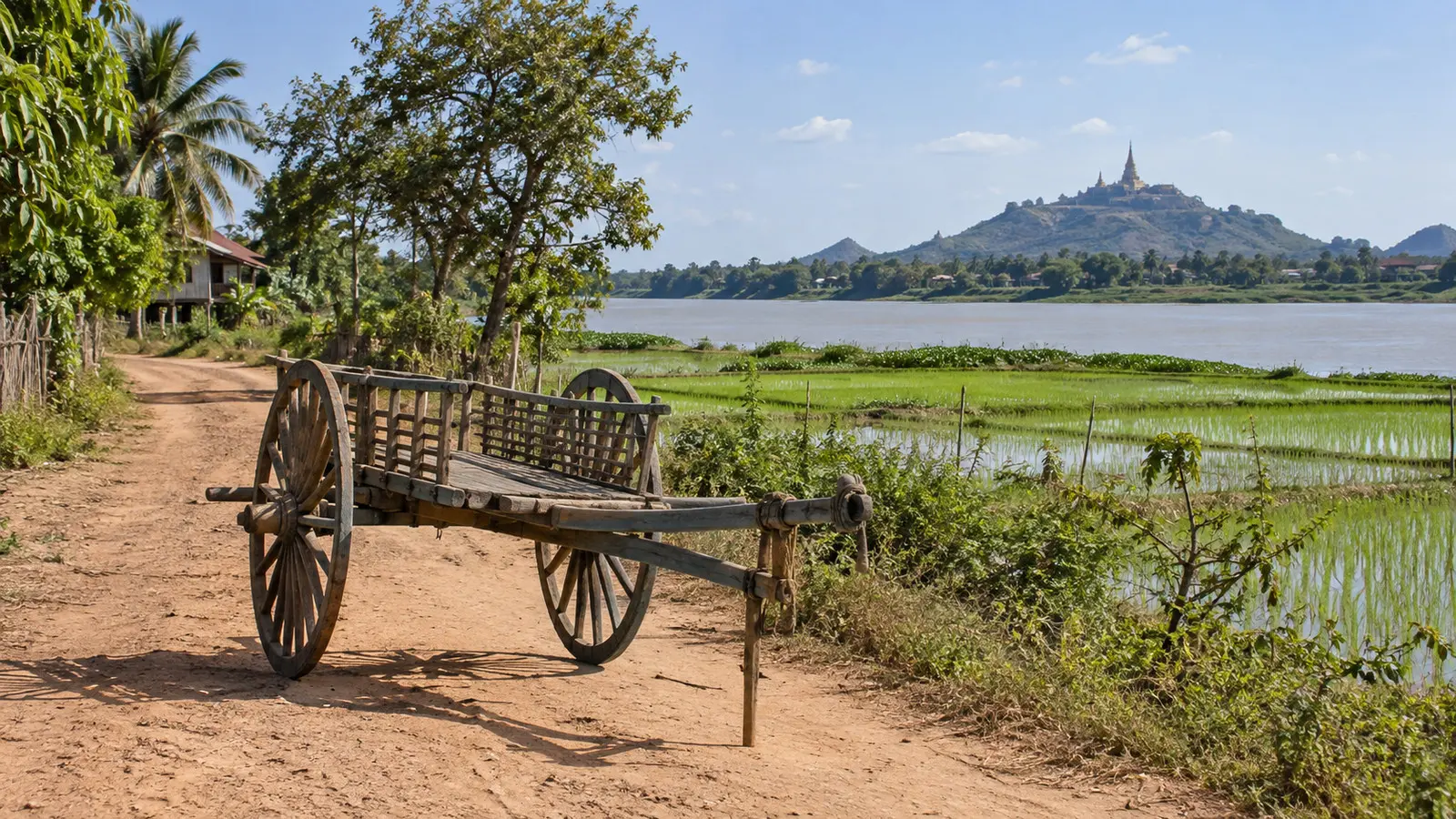 an empty traditional ox cart on a dusty village track bordered by rice paddies near Kampong Tralach, no people or animals