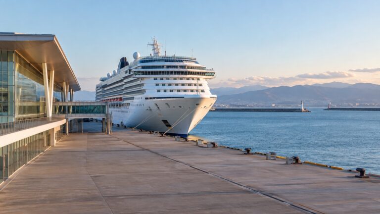 Cruise ship beside the modern Kanazawa Port terminal