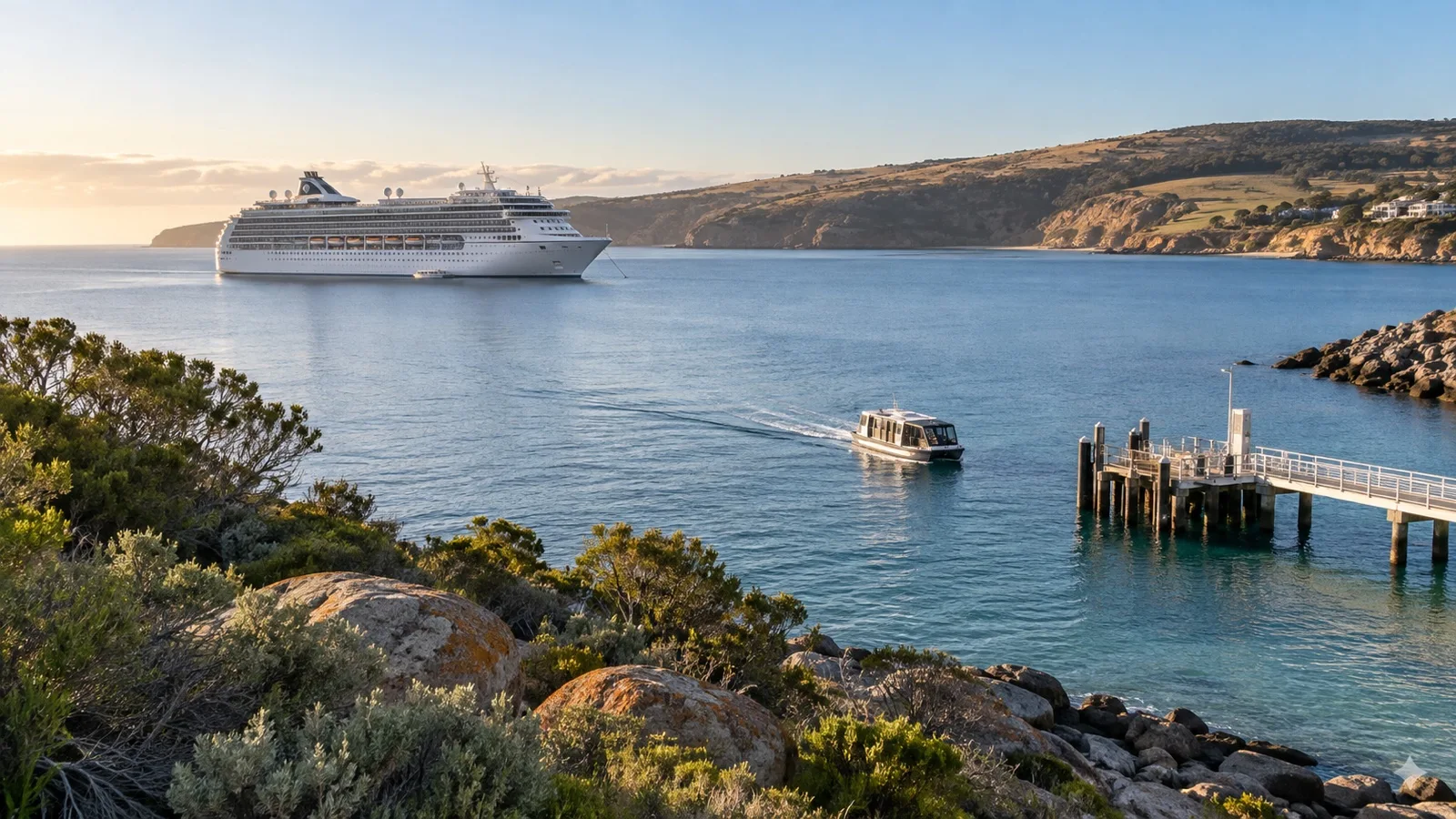Tender boat approaching Penneshaw from a cruise ship off Kangaroo Island