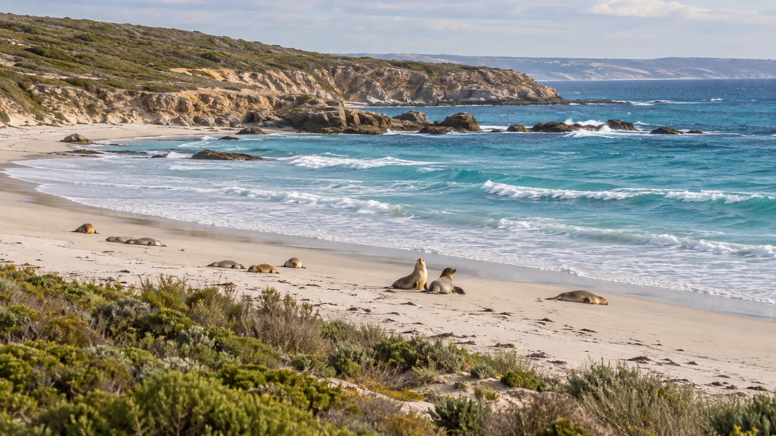 Sea lions resting naturally on a Kangaroo Island beach at Seal Bay