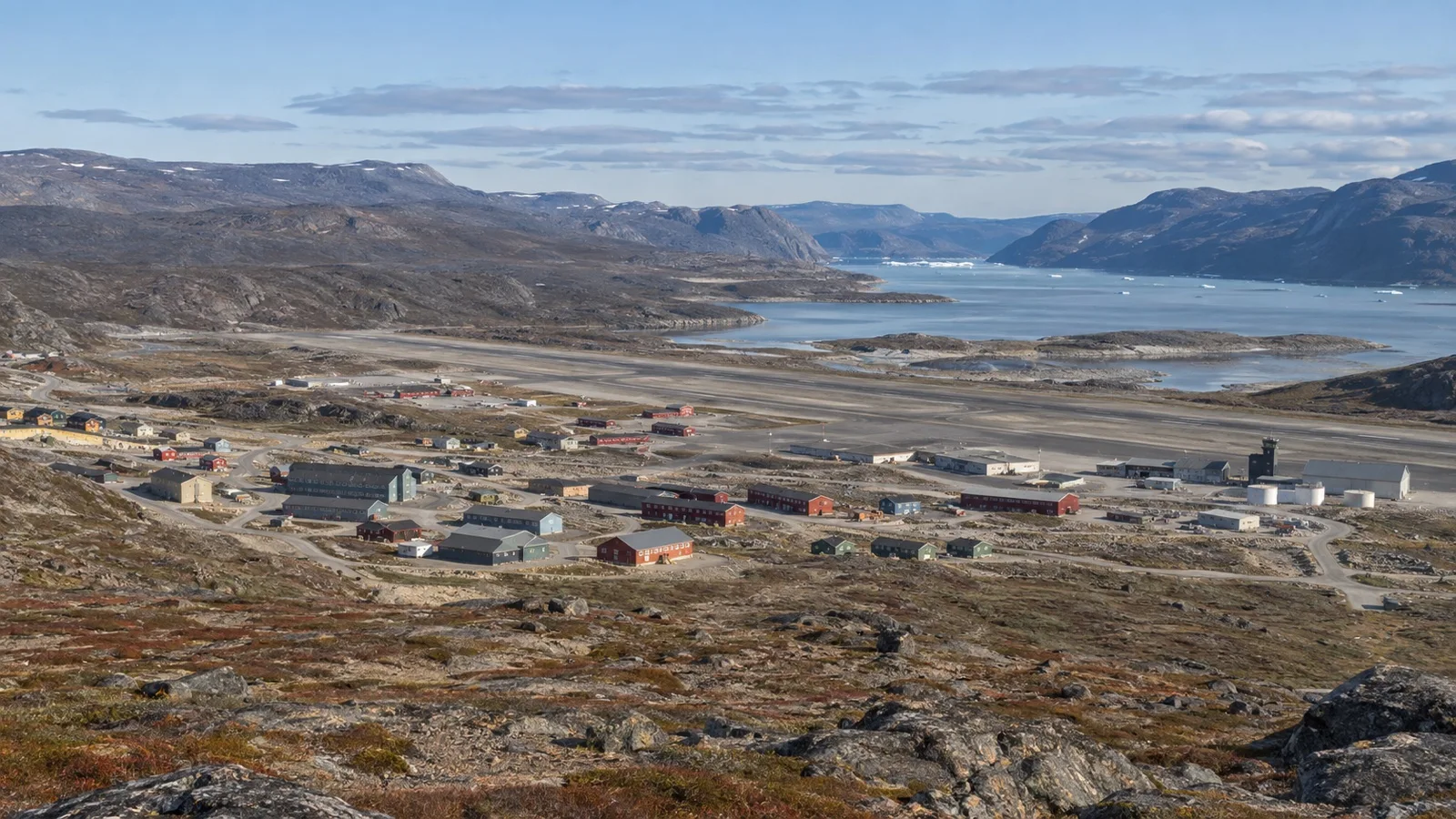 Kangerlussuaq settlement and airfield surrounded by barren Greenland hills