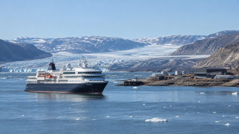 Expedition cruise ship offshore at the remote Kangerlussuaq harbor in Greenland