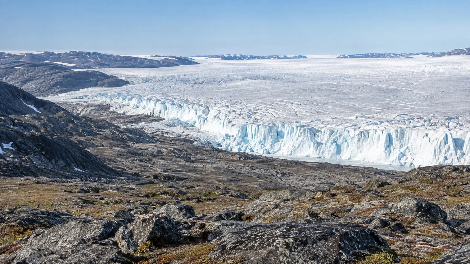 Edge of the Greenland Ice Sheet at Point 660 above rocky tundra near Kangerlussuaq