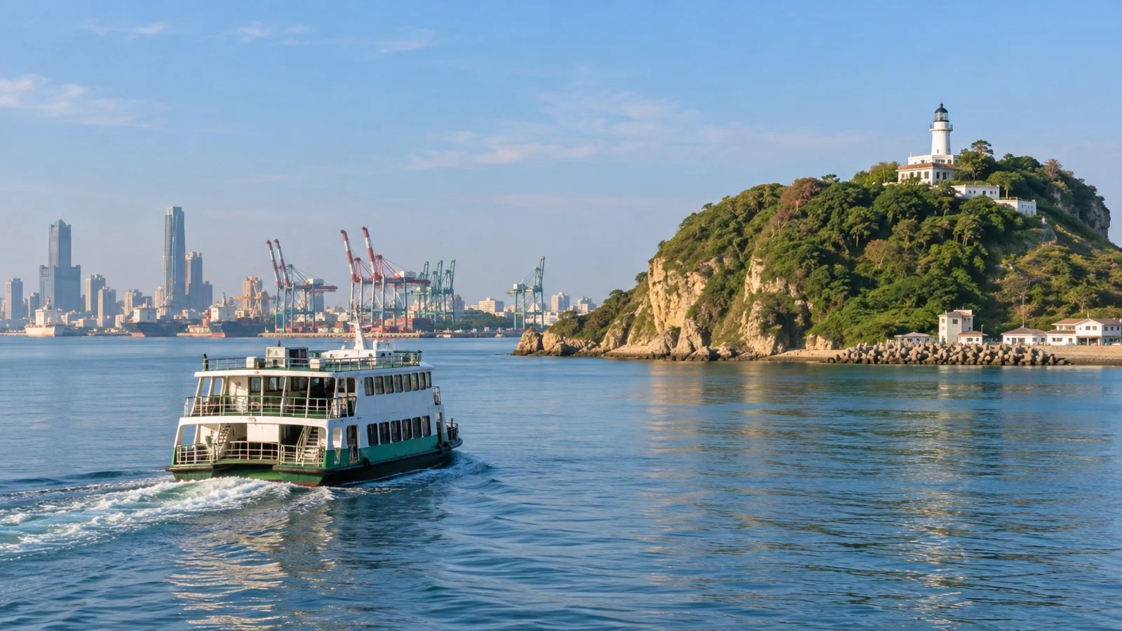 Passenger ferry crossing Kaohsiung harbor toward Cijin Island